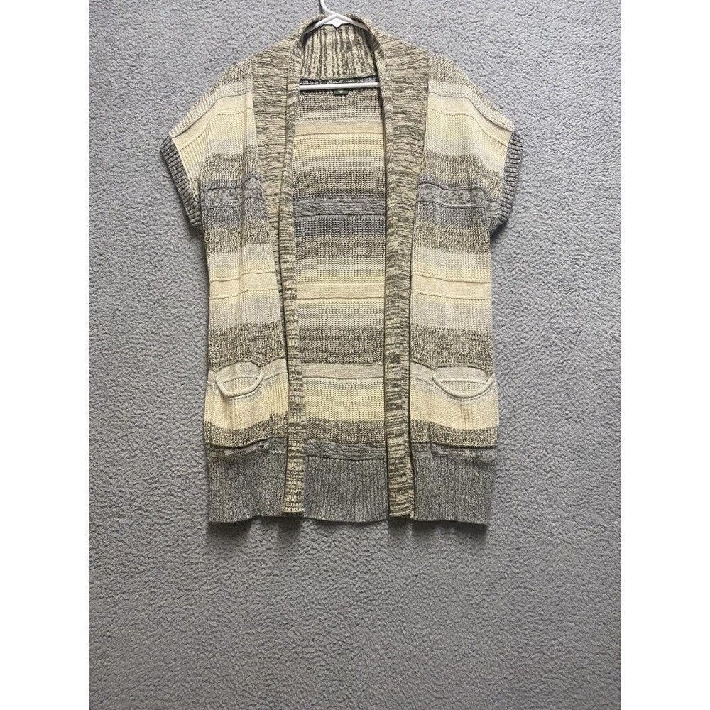Eddie Bauer Cardigan Sweater Sleeveless Open Front Beige Ivory Stripe Size M
